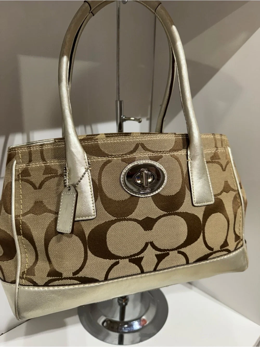 Coach Hampton Madeline Khaki and Metallic Canvas Tote